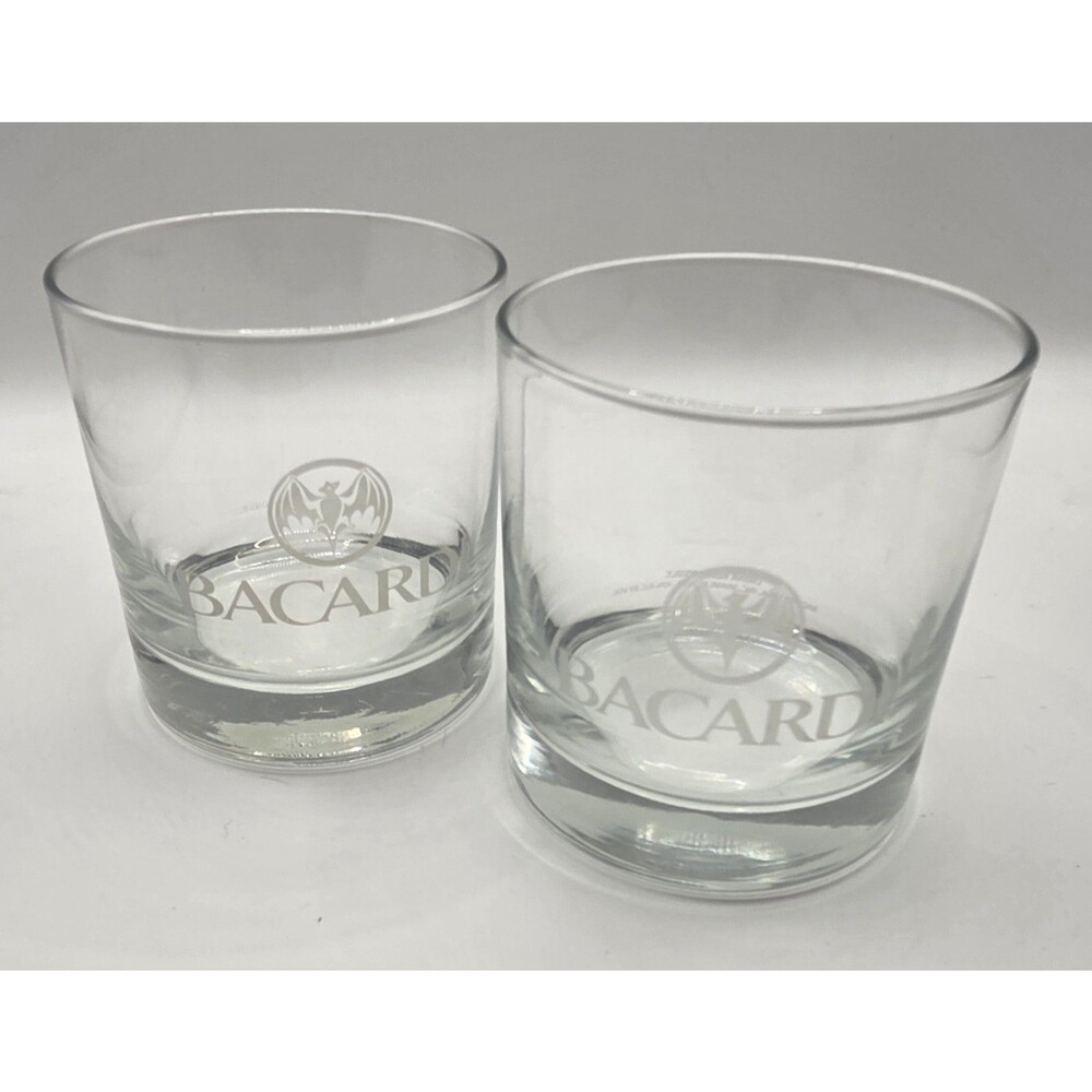 Set of 2 Bacardi Rum Lowball Etched Bat Logo Drinking Glasses